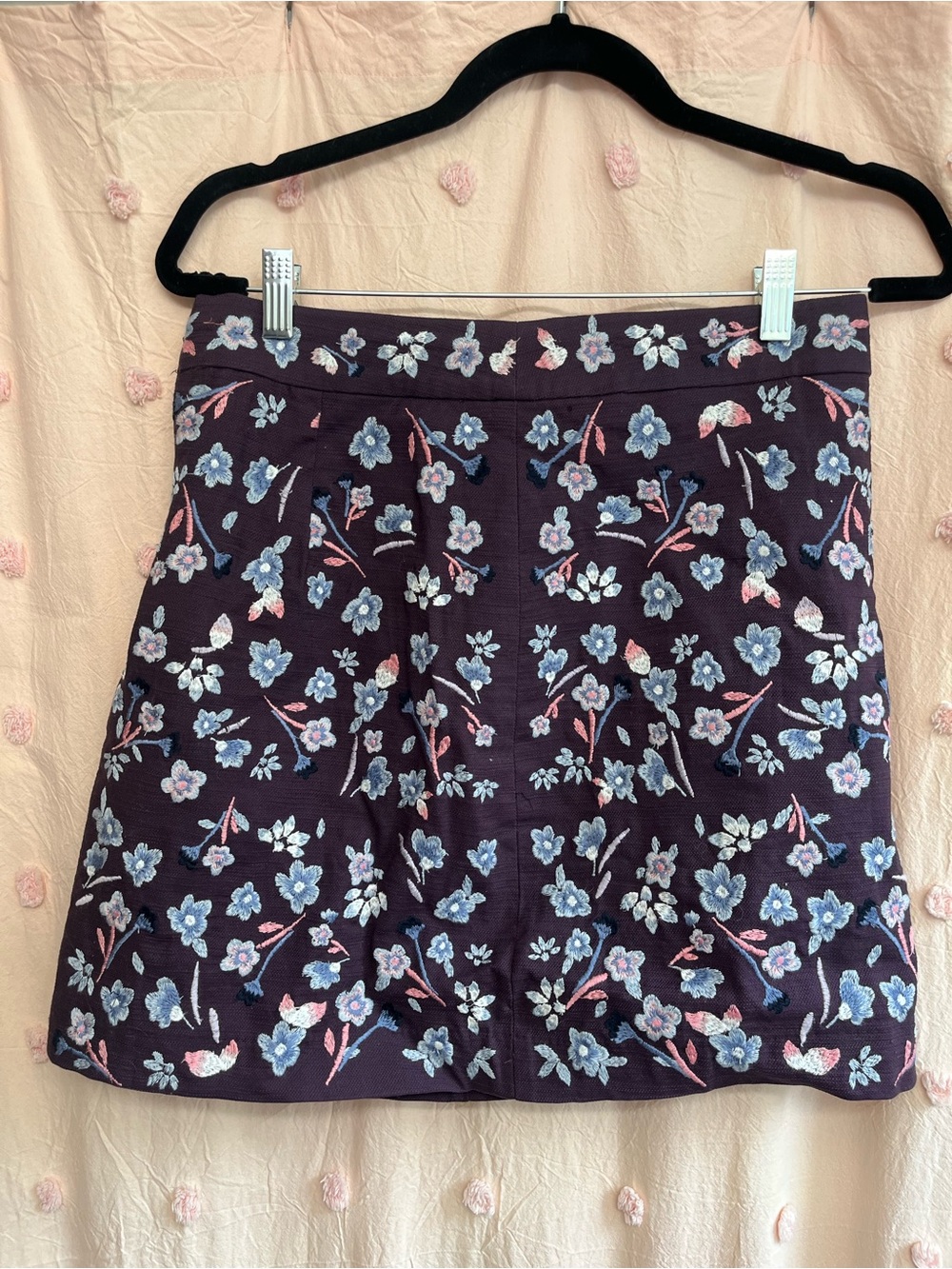 NWOT LOFT Purple Mini Skirt with Blue & Pink Floral Embroidery